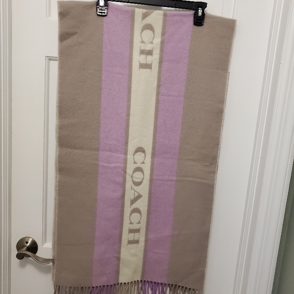 Coach Varsity Stripe Grey/Violet Orchid Large Scarf/ Wrap W/Fringe 100% Wool - Picture 2 of 8